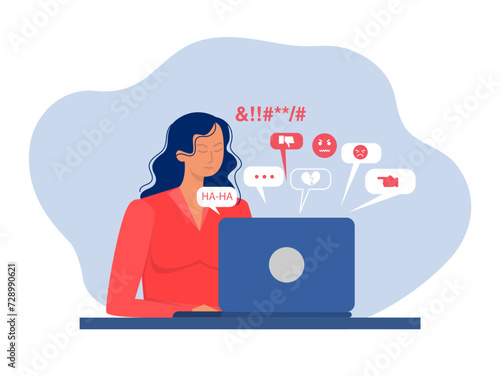 Cyber ​​Bullying concept,woman despresed  with People bullying a girl on internet  by message bubbles Cyber bullying in social networks and online abuse concept. Vector flat cartoon illustration