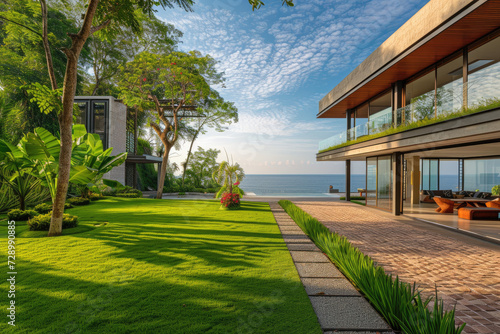 modern house facade in summer with grass and trees © Kien