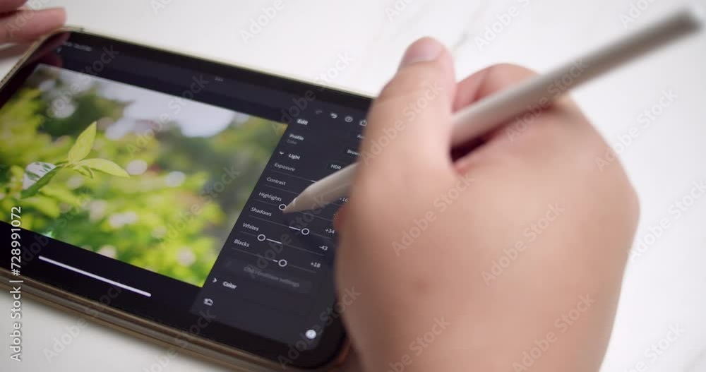 Using A Tablet Doing some post-production editing of a photograph of a plant using a ...