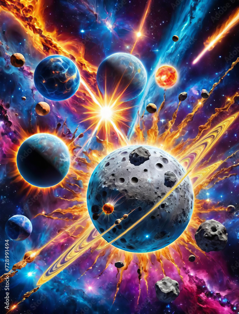 Epic Cosmic Phenomena - Mercury, Solar Flare, Asteroid Impact, Gamma Ray Bursts, and Stellar Silver in Celestial Indigo Gen AI - obrazy, fototapety, plakaty 