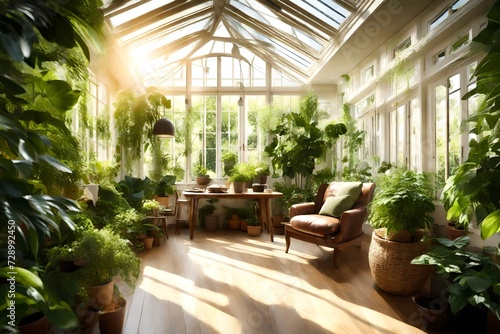 A sunlit conservatory filled with lush green plants, creating a serene and natural atmosphere, captured in HD quality.