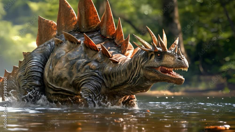 A spiky stegosaurus lets out a gentle roar as it cools off in the cool waters of the lake its sharp plates glistening in the sunlight. A spiky stegosaurus lets out a gentle roar as it cools off in the cool waters of the lake its sharp plates glistening in the sunlight.