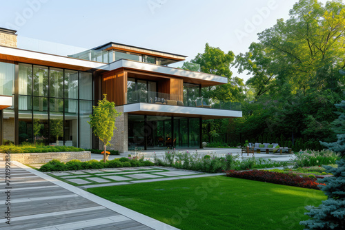 modern house facade in summer with grass and trees