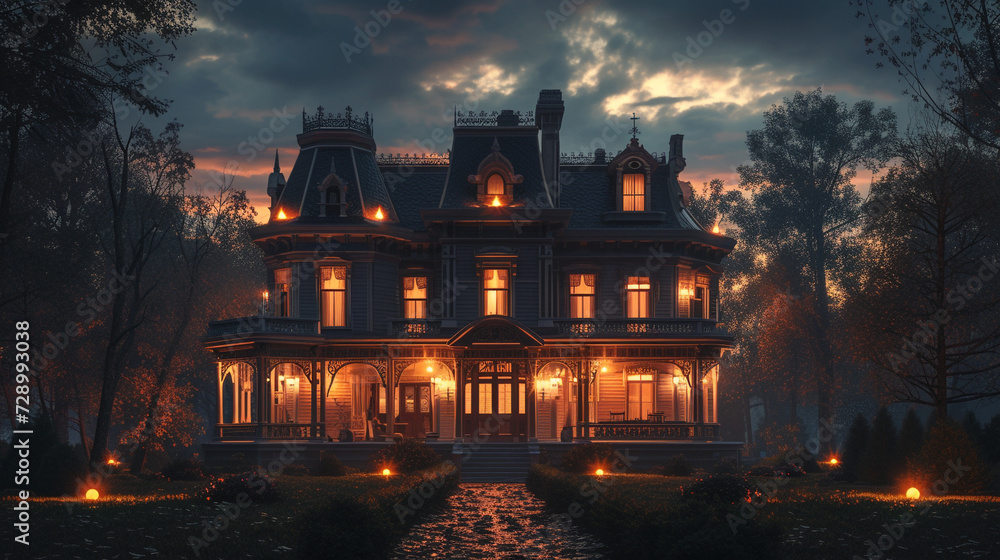 A Victorian house at night, with the exterior lights casting a warm glow on the architecture and highlighting its features