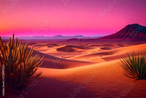 An alien desert landscape with ever-shifting dunes and vibrant, otherworldly flora
