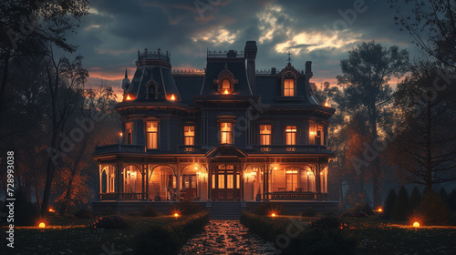 A Victorian house at night, with the exterior lights casting a warm glow on the architecture and highlighting its features