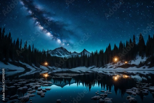 A surreal landscape of shimmering crystal formations rising from a tranquil, glassy lake beneath a starry night sky. © Pareshy