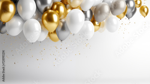 happy birthday with golden and silver air balloon on white background with glitter confetti.