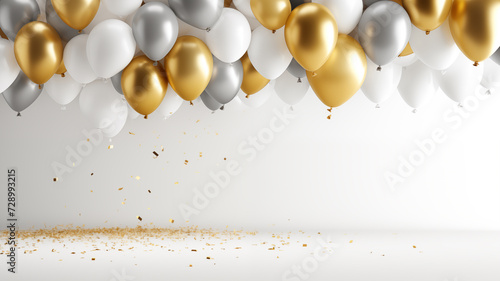 happy birthday with golden and silver air balloon on white background with glitter confetti.