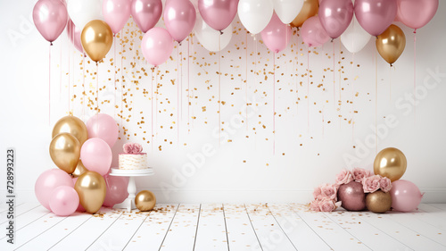 Celebration party with pink and golden air balloon and Cake on white background with glitter confetti.