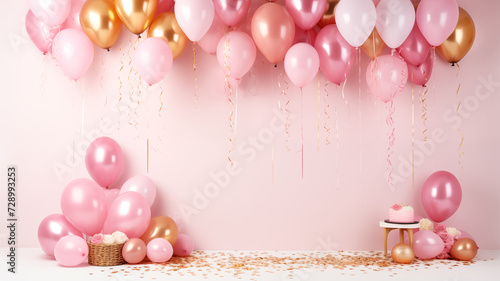 Celebration party with pink and golden air balloon and Cake on white background with glitter confetti.