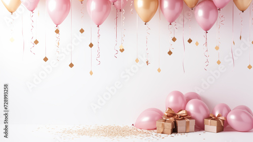 Celebration party with pink and golden air balloon and gift boxes on white background with glitter confetti.