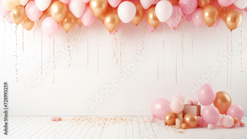 Celebration party with pink and golden air balloon and gift boxes on white background with glitter confetti.
