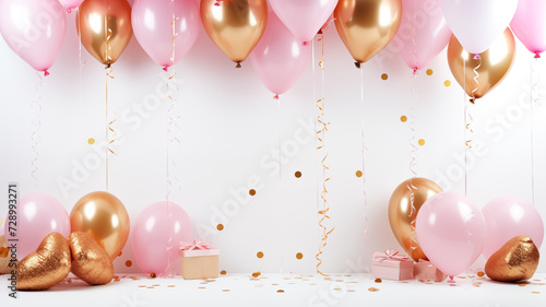 Celebration party with pink and golden air balloon and gift boxes on white background with glitter confetti.