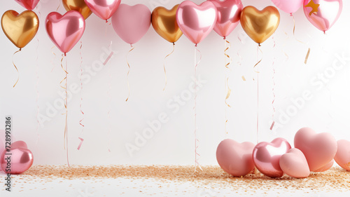 Celebration party with pink and golden heart shaped balloon on white background with glitter confetti.