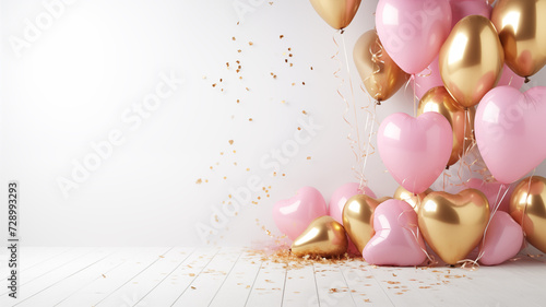 Celebration party with pink and golden heart shaped balloon on white background with glitter confetti.