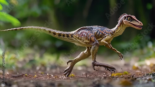 Using its long powerful tail to balance a hunting troodon uses its sharp claws and heightened sense of smell to track down prey in the dark. photo