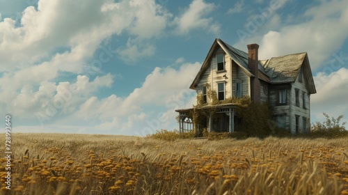 a morden home is sitting in a vacant field photo