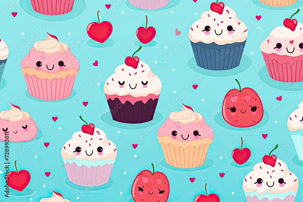 Cake pattern with hearts cupcakes vector illustration Cake pattern with hearts cupcakes vector illustration
