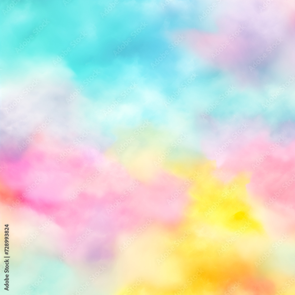 Colorful pastel background. Abstract watercolor sunset sky with fluffy clouds in bright pink, green, blue, yellow, and purple rainbow colors. Wide banner with copy space for text.