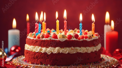 birthday cake with lots of candles on a red bayground