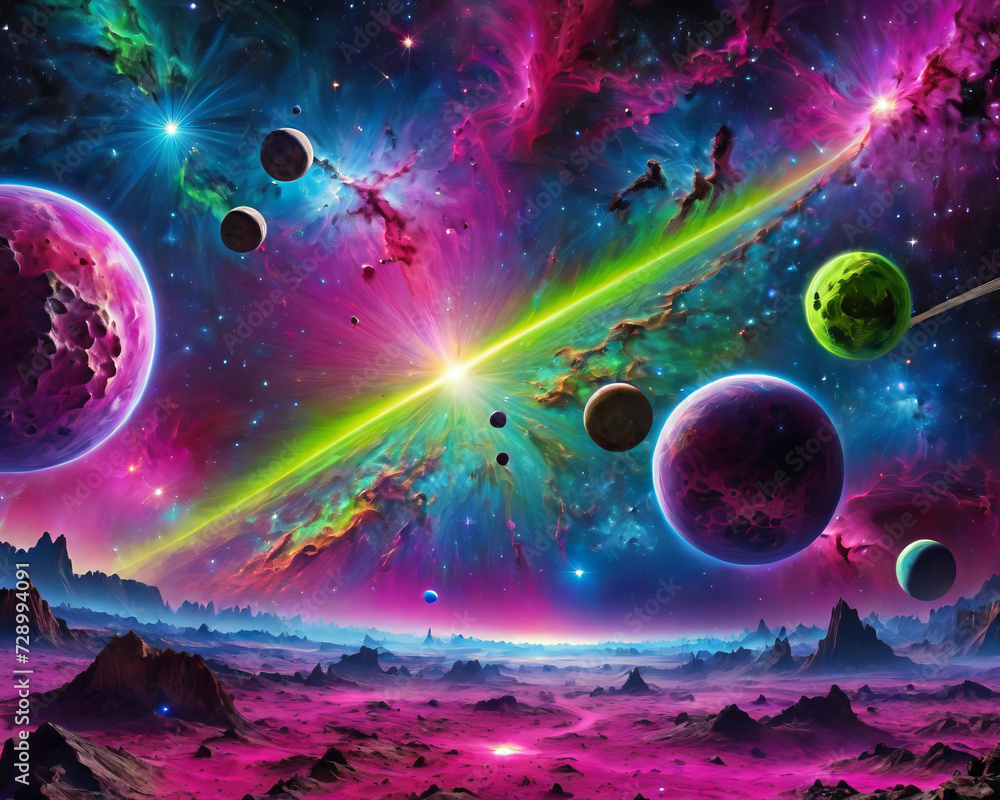 Cosmic Spectacle - Unreal celestial scenery with nebula, gamma ray burst, and orbiting satellites Gen AI - obrazy, fototapety, plakaty 