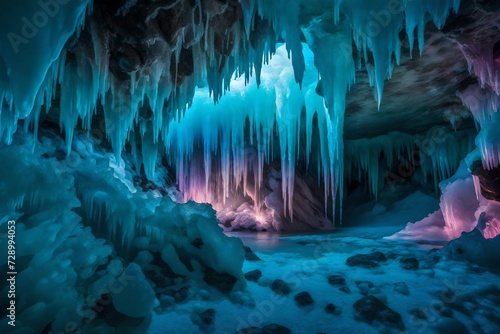 ice cone with sharp edge with in blue color ice cave in the tropical area with pink lights reflecting from it abstract background  © Ya Ali Madad 
