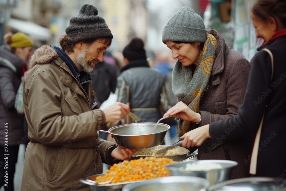 volunteers giving humanitarian food to the homeless people	
