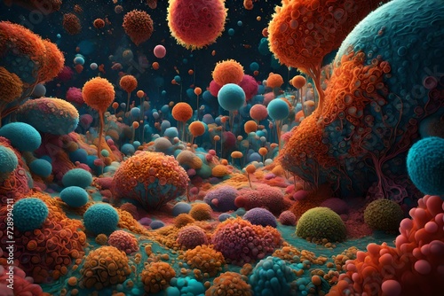 A surreal, 3D representation of a microscopic world, filled with vibrant, fluffy cellular structures and intricate patterns. An HD camera reveals the beauty of the unseen