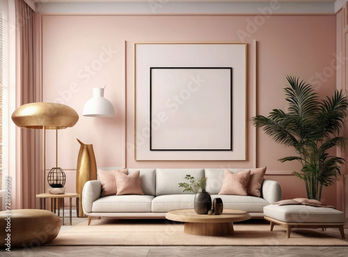 Domestic and Cozy Living Room Interior - Beige Sofa  Plants  Mock-up Poster Frame  Aesthetic Minimalist Design. 