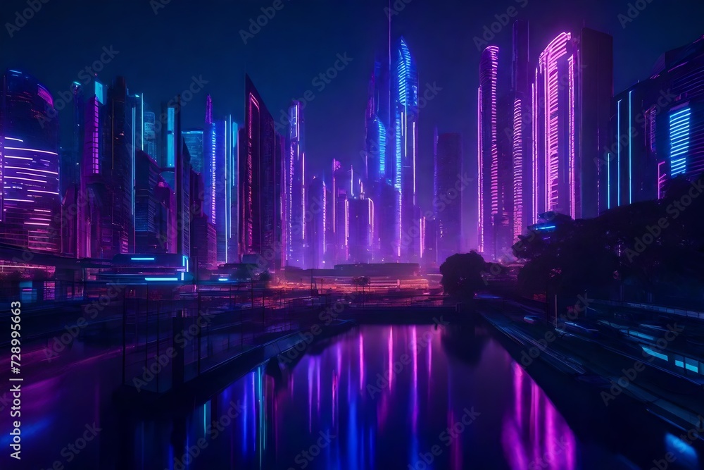 A futuristic cityscape at twilight, bathed in neon lights and surrounded by striking, ultra-modern architectural textures, all seen through the lens of an HD camera