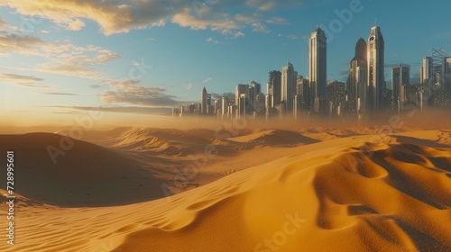 Desert Mirage, Dubai Sand Dunes Meet the Majestic Cityscape, Blending Natural Beauty with Urban Grandeur.