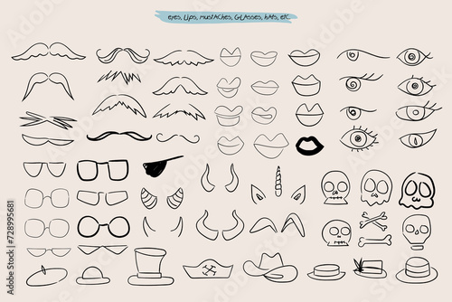 Collection of funny doodles with lips, eye, mustache, hat, horn. Editable vector illustration.