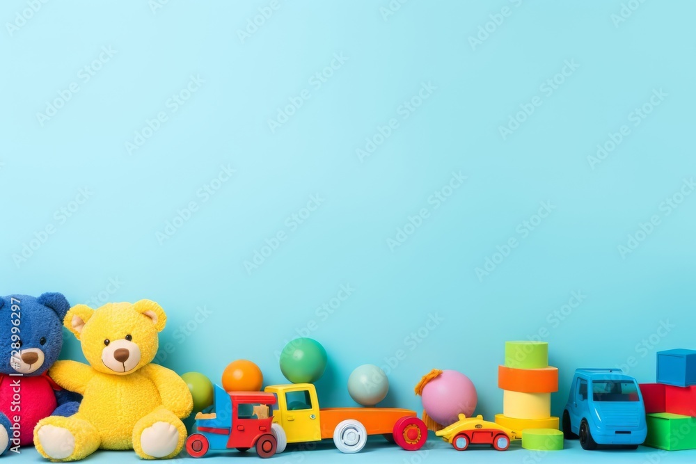 Featuring a teddy bear and toys on a blue background, this image is ideal for school holiday themes Featuring a teddy bear and toys on a blue background, this image is ideal for school holiday themes
