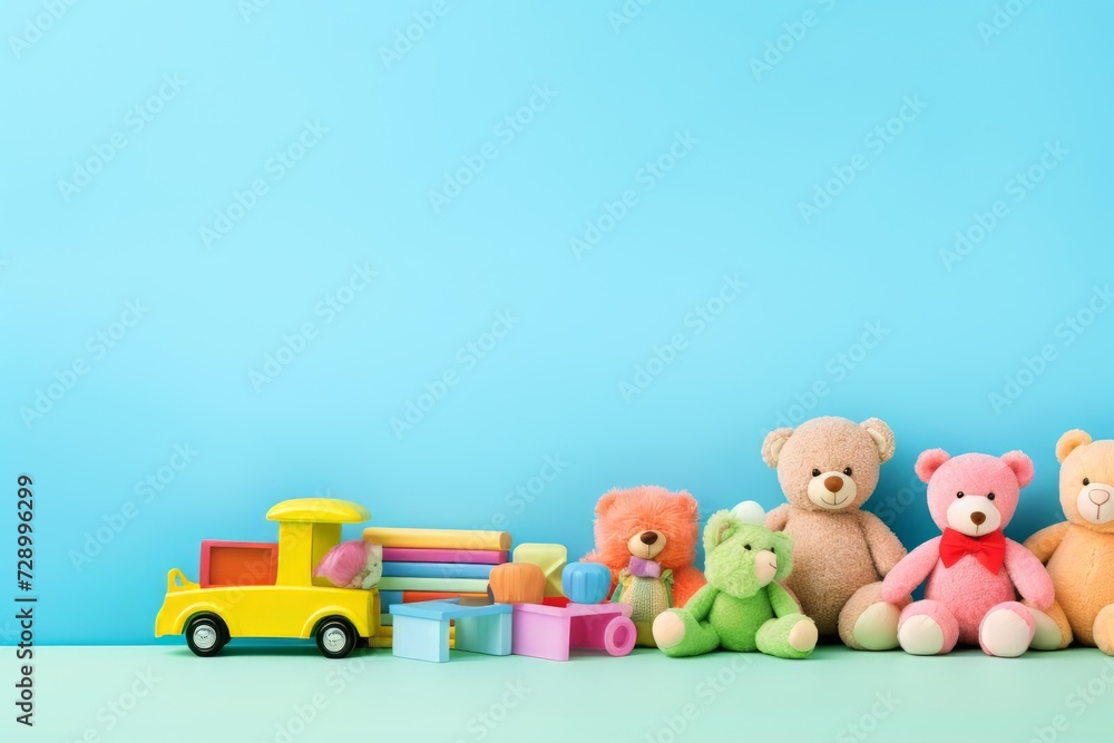A blue background with blank copyspace features a teddy bear surrounded by a variety of toys A blue background with blank copyspace features a teddy bear surrounded by a variety of toys