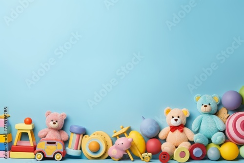 On a blue background, a teddy bear and toys create a playful setting, perfect for school holiday concepts