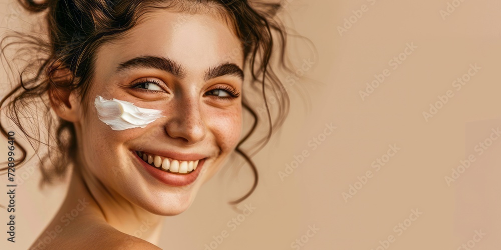 custom made wallpaper toronto digitalSkincare. Beauty Concept. Young pretty woman applying sun cream and touch own face. Female in hat smear sunscreen lotion on skin. Skin Protection and dermatology.