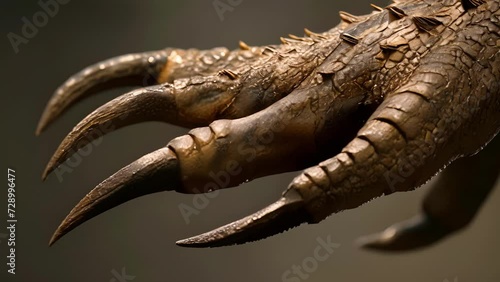 A detailed comparison of a velociraptors claw and a modern cats claw revealing similarities in hunting and prey capture techniques. photo