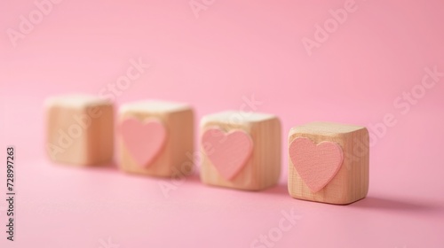 Four wooden blocks in a row with a pink heart, against a pink pastel background. Generative AI
