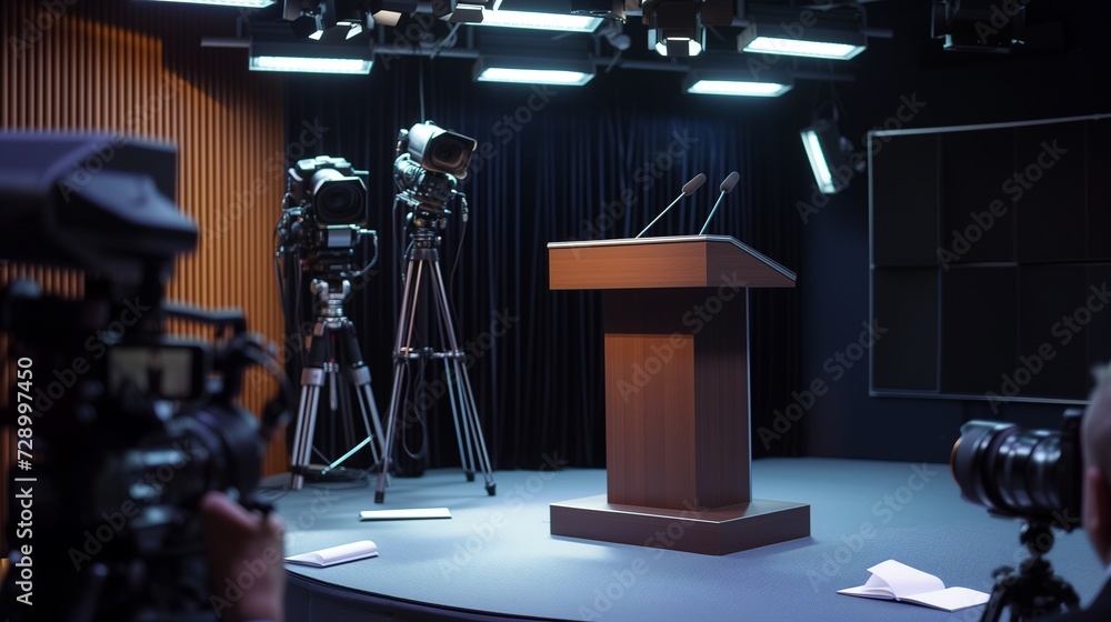 A press conference room with an empty podium mockup, media cameras, and journalists taking notes - obrazy, fototapety, plakaty 