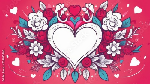 white heart on a red background with flowers  hearts  in white-blue-red color. High quality photo Postcard  there is a place for text  in the middle of the heart  Valentine s day  wedding day