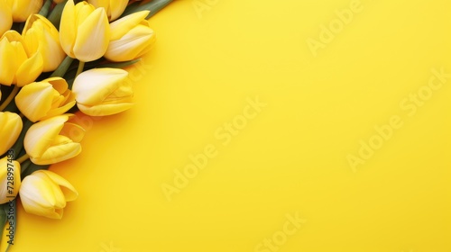 Spring yellow tulips on a yellow background, a holiday card. Mother's Day, women's Day, Valentine's Day.