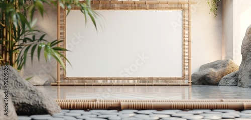 A series of empty frame mockups with a natural, woven bamboo border, set in a Zen-inspired, tranquil space. photo
