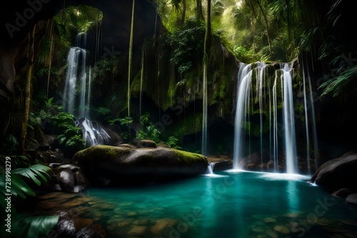 A tranquil waterfall cascades from high cliffs into a crystal-clear pool in the heart of a lush  untouched jungle