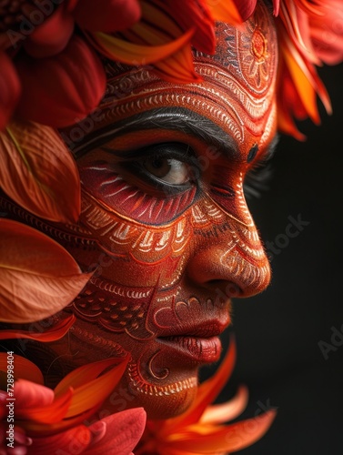 Makeup Theyyam ritual art from kerala. Theyyam traditional dance face on black background. ai generated photo