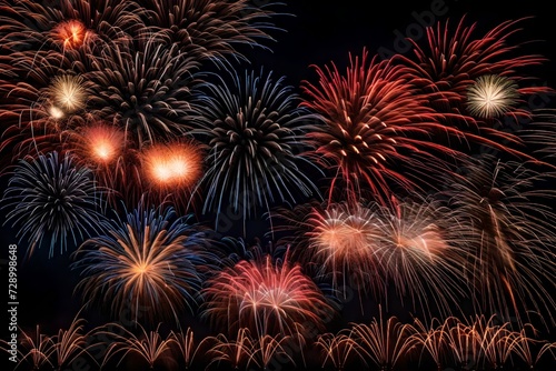 A mesmerizing fireworks display lighting up the night sky, forming intricate patterns in high-definition brilliance