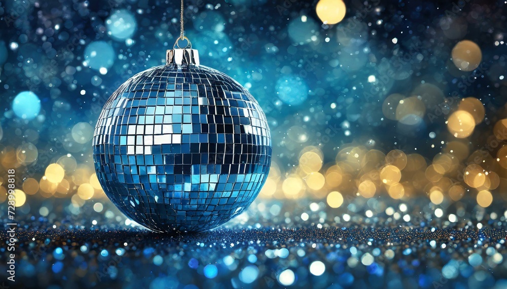 Obraz premium disco ball with lights, Disco ball Blue glitter defocused abstract twinkly lights grunge background, Ai Generate 