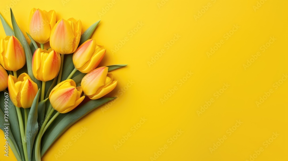 Spring yellow tulips on a yellow background, a holiday card. Mother's Day, women's Day, Valentine's Day. Spring yellow tulips on a yellow background, a holiday card. Mother's Day, women's Day, Valentine's Day.