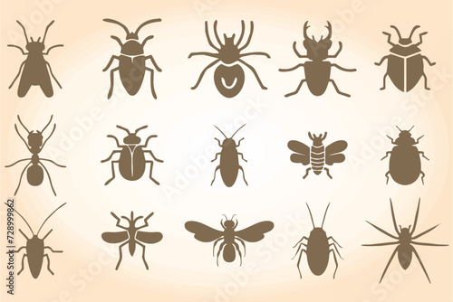 Pests and insect icons. Vector editable insect icons like beetle, butterfly, ant, caterpillar, dragonfly, fly, honey, bee and many more for insect killing pesticide products. eps 10. © munir