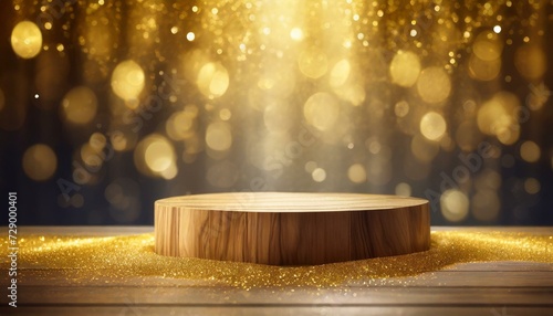 golden christmas ball, gold glitter defocused abstract twinkly lights grunge background. Rounded wooden podium for products or cosmetics with beautiful wall with shadows, Ai Generate